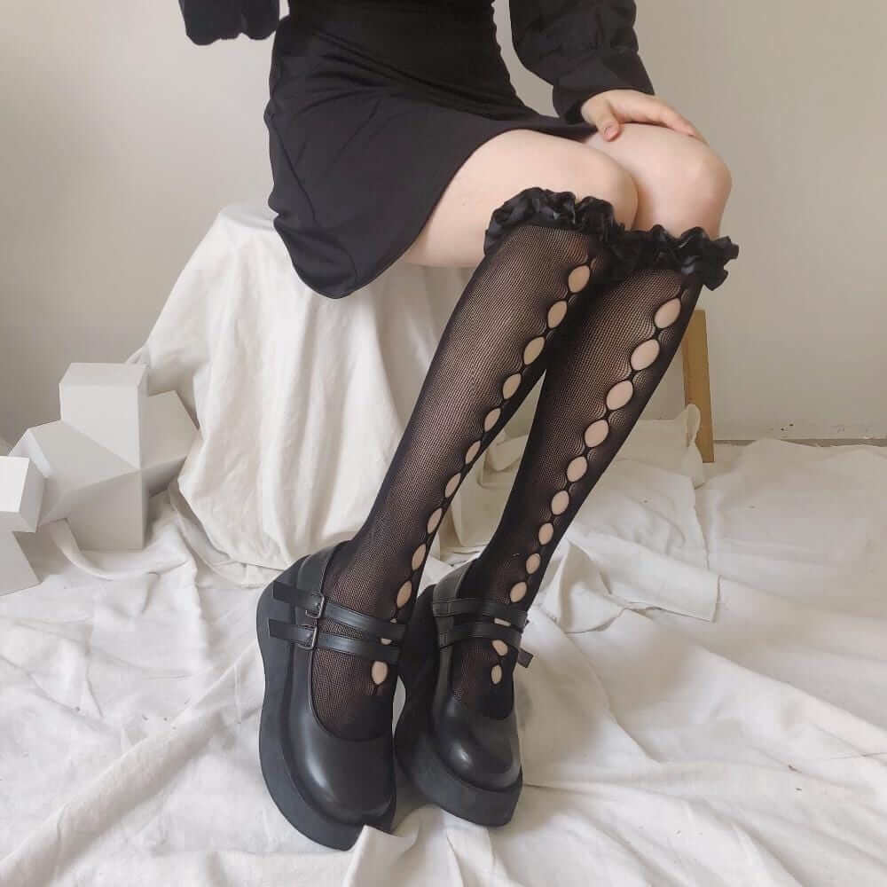 Frilled Hem Cut Out Stockings - Ghoul RIP
