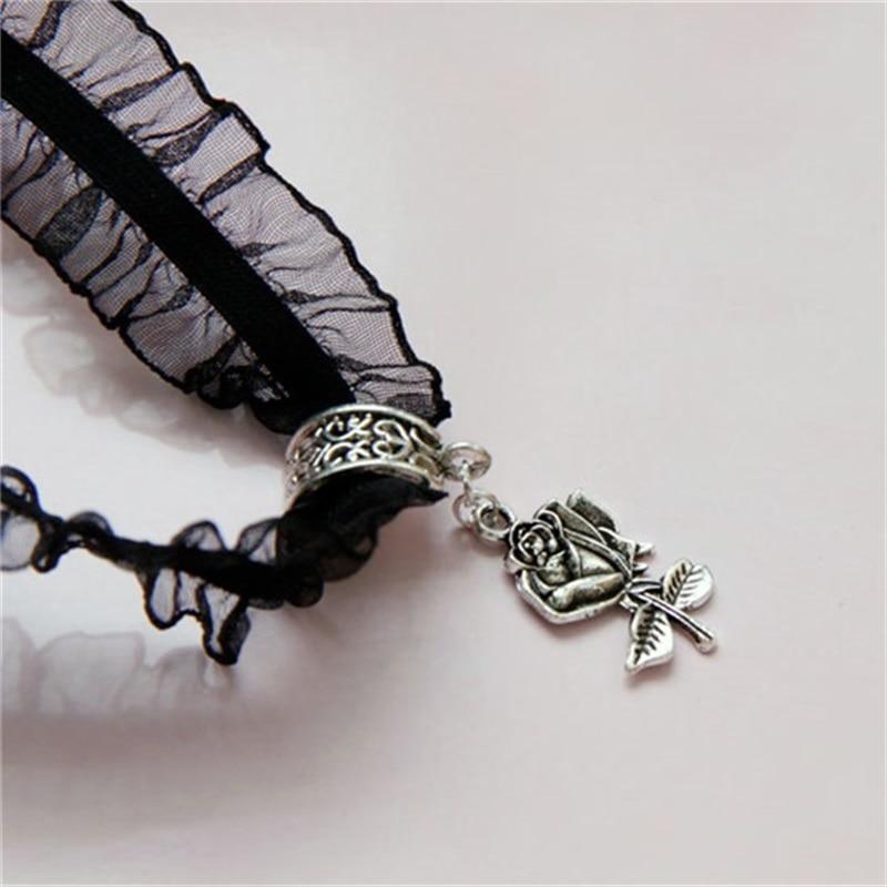 Frilly Black Lace Choker With Rose Pendant - Ghoul RIP