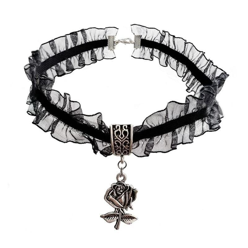 Frilly Black Lace Choker With Rose Pendant - Ghoul RIP