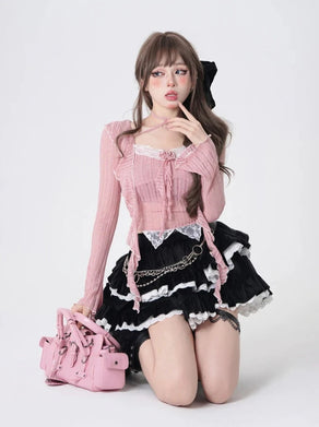 Two Piece Set Pink Frilly Coquette Top With Black/White Ruffled Skirt