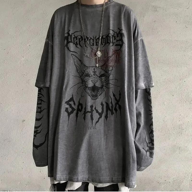 Goth Sphinx Cat Oversized Layered T-Shirt - Ghoul RIP