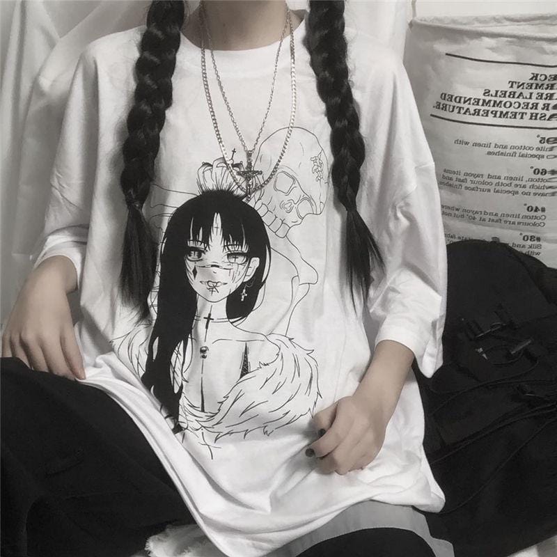 Gothic Anime Girl With Skull Print Graphic Tee - Ghoul RIP