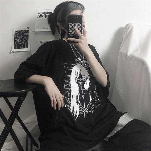 Gothic Anime Girl With Skull Print Graphic Tee - Ghoul RIP