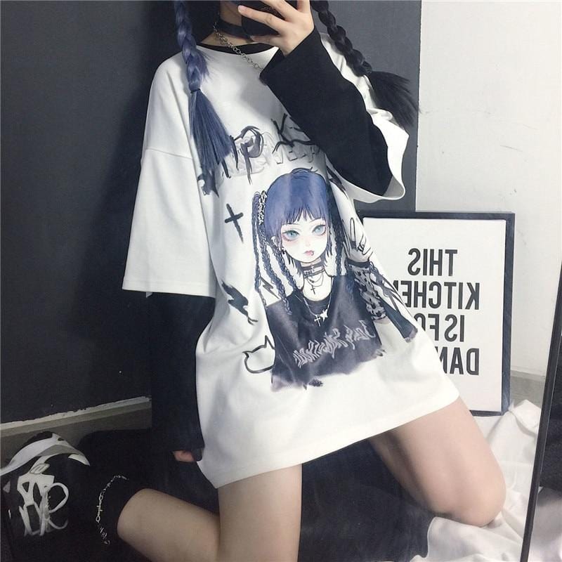 Gothic Blue Hair Anime Girl Graphic Tee - Ghoul RIP