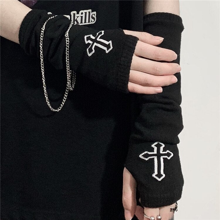 Gothic Cross Jacquard Knit Arm Warmers - Ghoul RIP