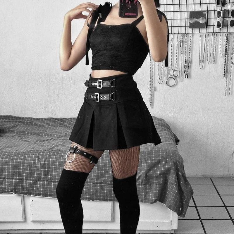 Gothic Double Buckle Pleated Mini Skirt - Ghoul RIP