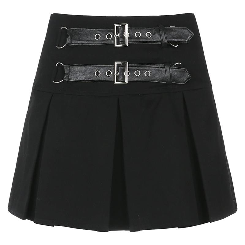 Gothic Double Buckle Pleated Mini Skirt - Ghoul RIP