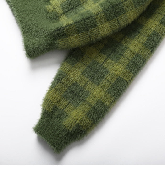 Green Plaid Fuzzy Knit Cardigan - Ghoul RIP