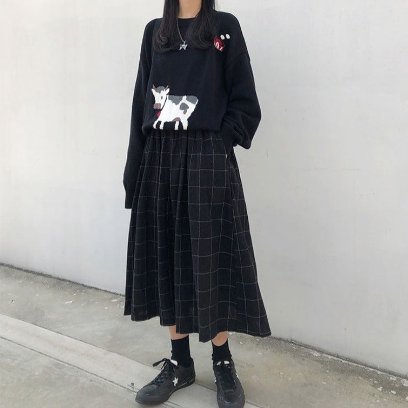 Grid Pattern Midi Skirt With Elastic Waist - Ghoul RIP
