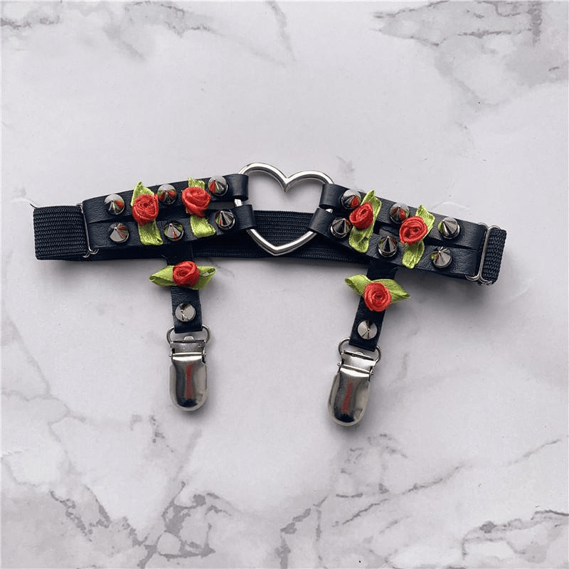 Heart & Rose Design Spiked Garter Belt - Ghoul RIP