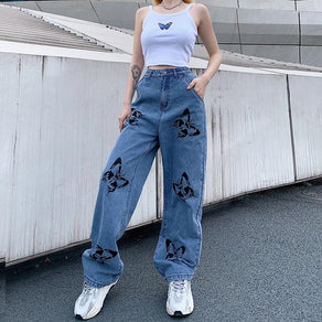 High Waist Boyfriend Jeans With Butterfly Print - Ghoul RIP