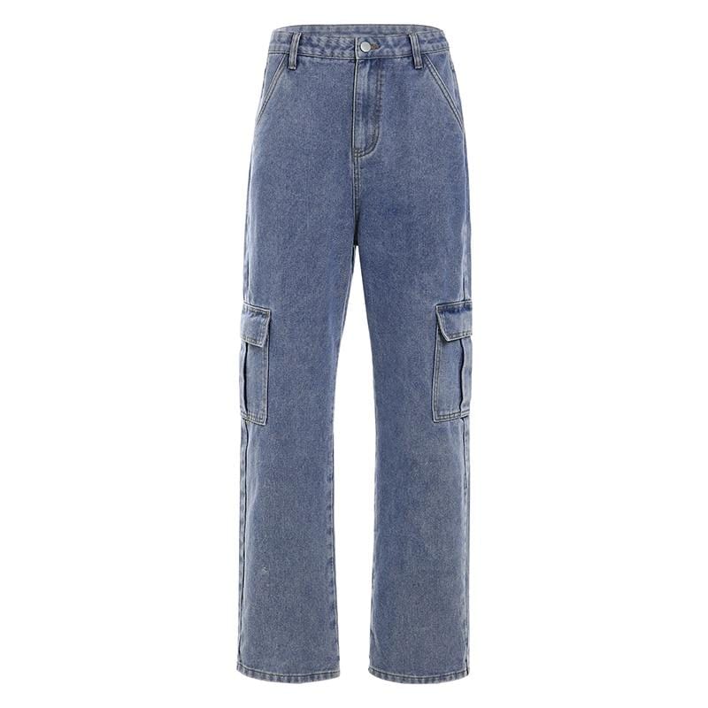 High Waist Relaxed Fit Cargo Jeans In Light Wash - Ghoul RIP
