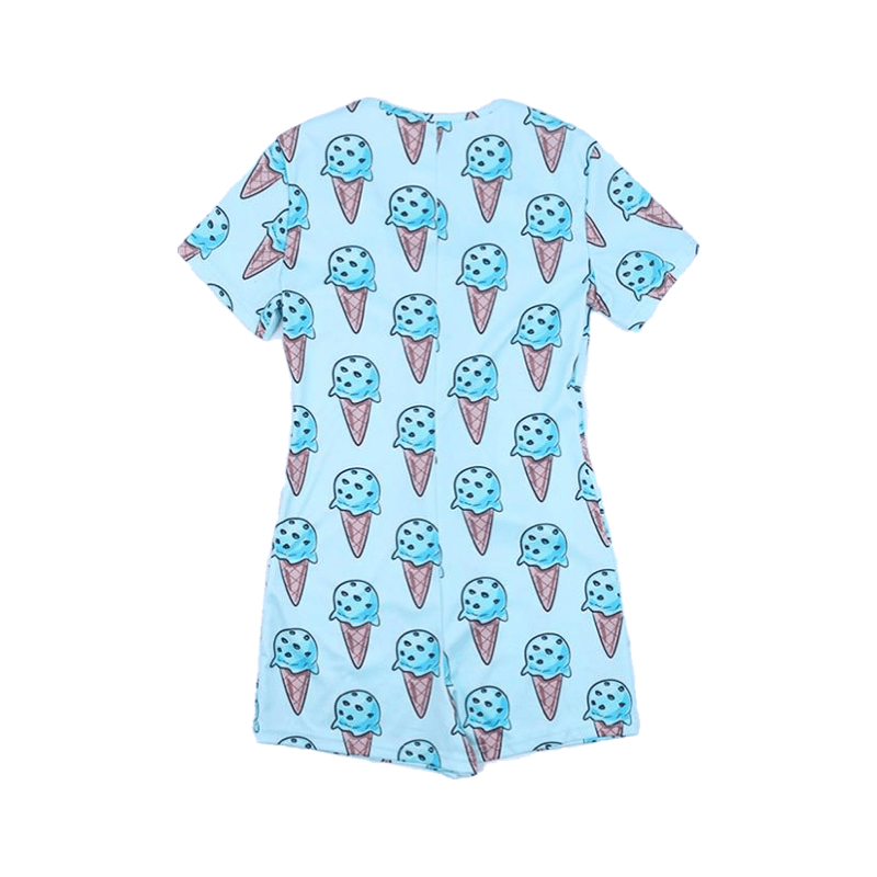 Ice Cream Pattern Scoop Neck Button Up Romper - Ghoul RIP
