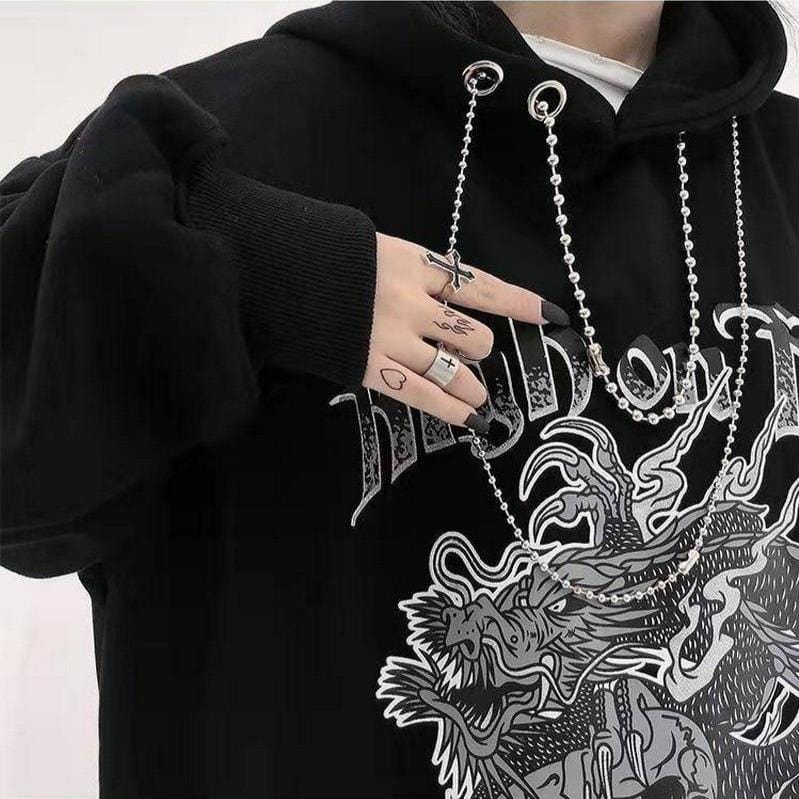 Japanese Dragon Print Hoodie With Chain Drawstrings - Ghoul RIP