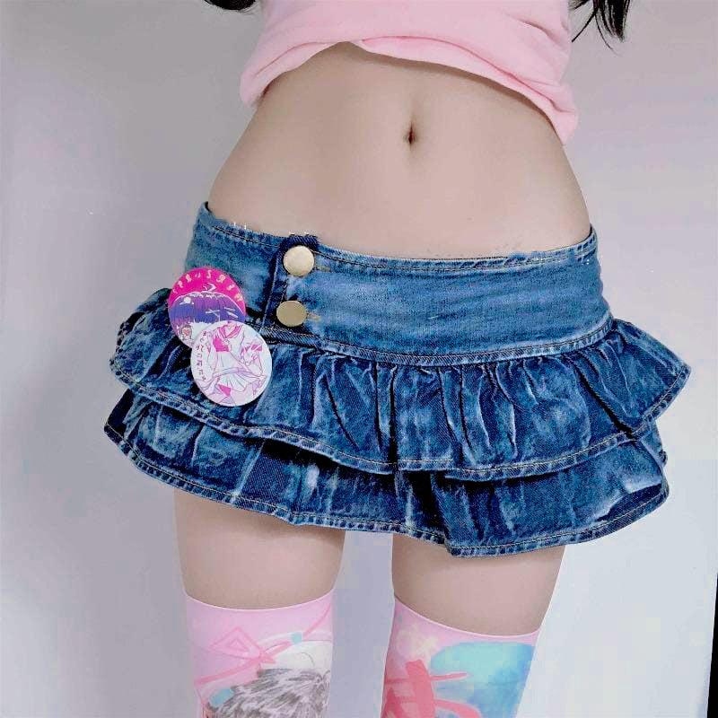 Japanese Y2K Denim Ruffled Micro Skirt - Ghoul RIP