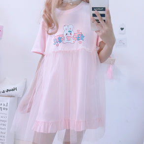 Kawaii Bunny Print T-Shirt Mini Dress - Ghoul RIP