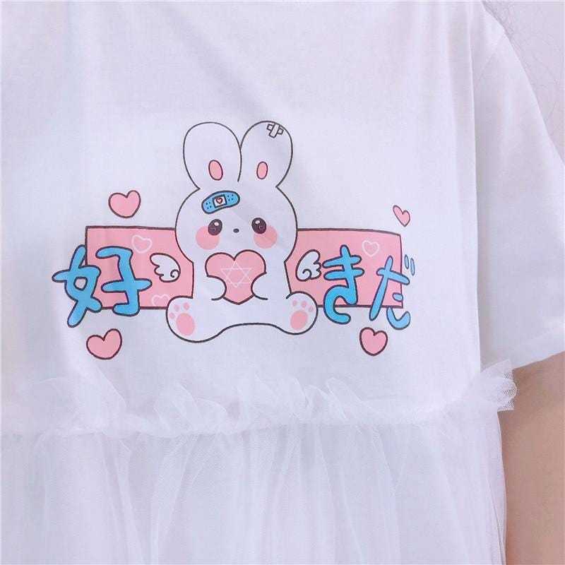 Kawaii Bunny Print T-Shirt Mini Dress - Ghoul RIP