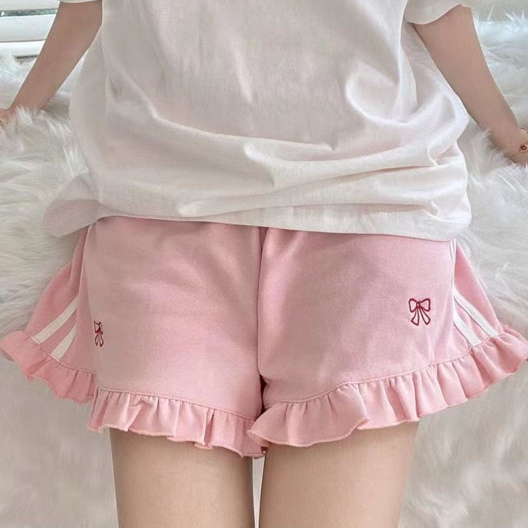 Kawaii Embroidered Shorts With Frilled Hem - Ghoul RIP