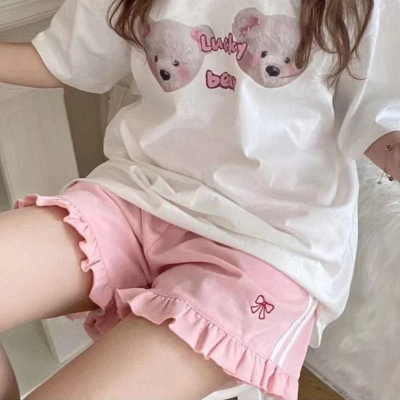 Kawaii Embroidered Shorts With Frilled Hem - Ghoul RIP