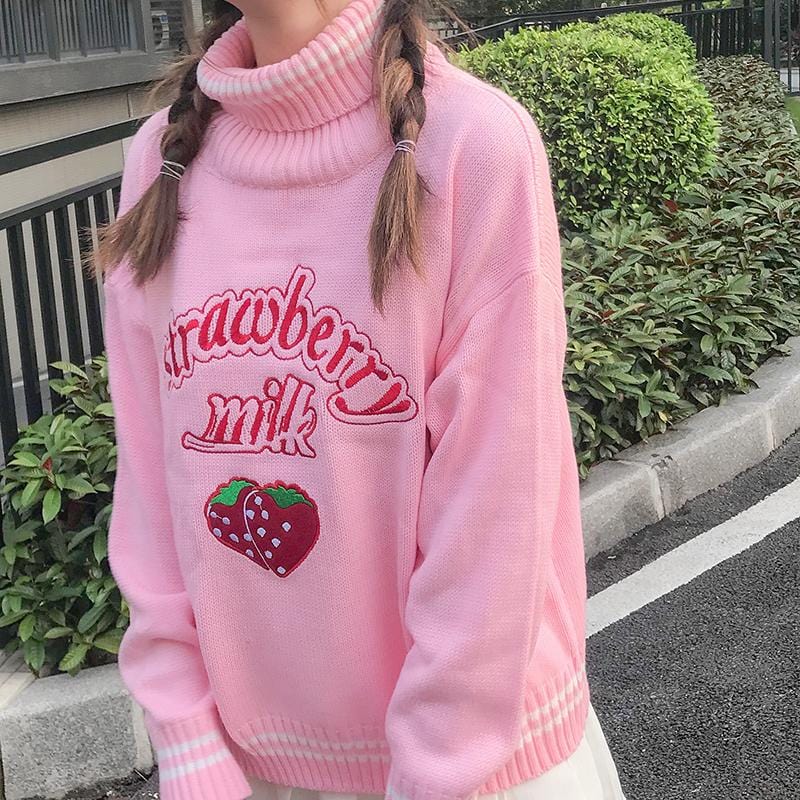 Kawaii 'Strawberry Milk' Turtleneck Sweater - Ghoul RIP