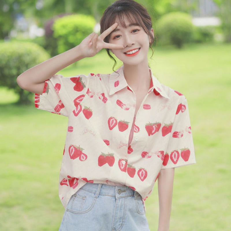 Kawaii Strawberry Short Sleeve Button Up - Ghoul RIP