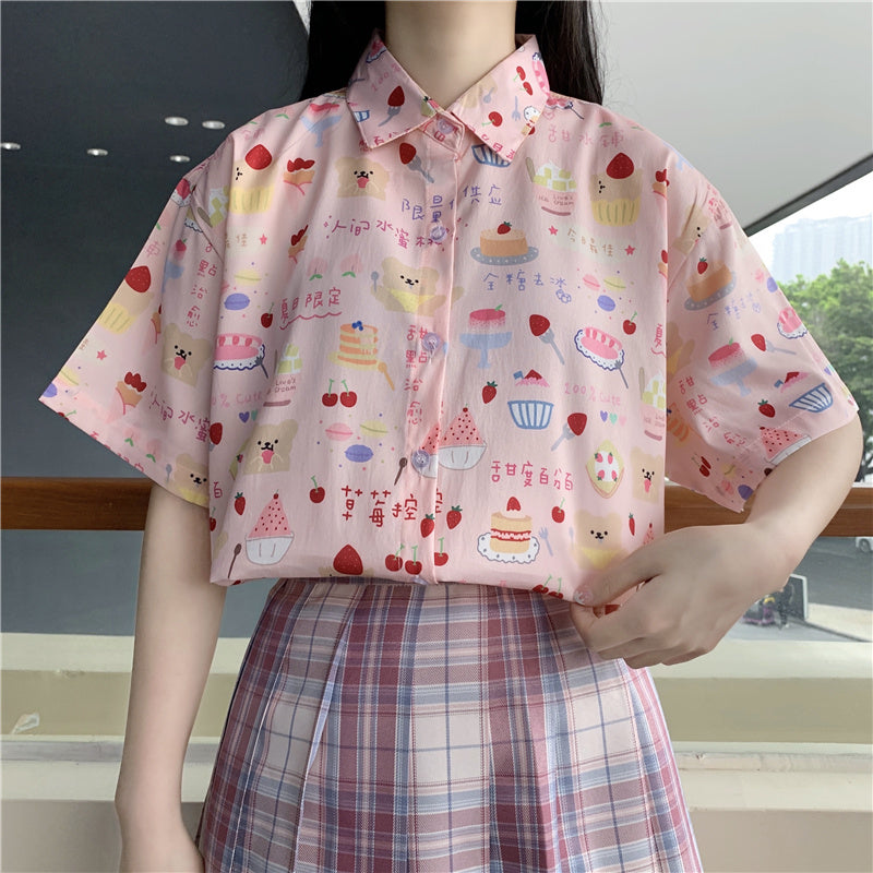 Kawaii Sweets Pattern Short Sleeve Button Up - Ghoul RIP