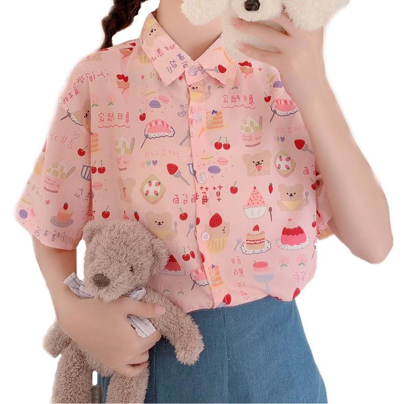 Kawaii Sweets Pattern Short Sleeve Button Up - Ghoul RIP