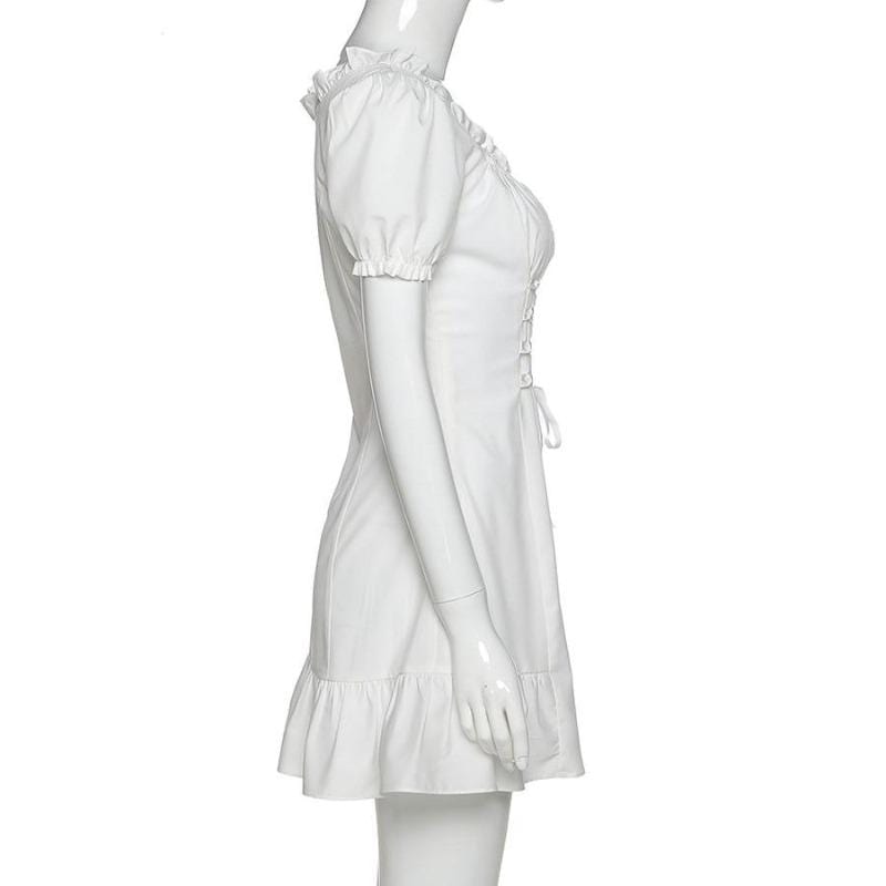 Lace Up Frilled White Mini Dress - Ghoul RIP
