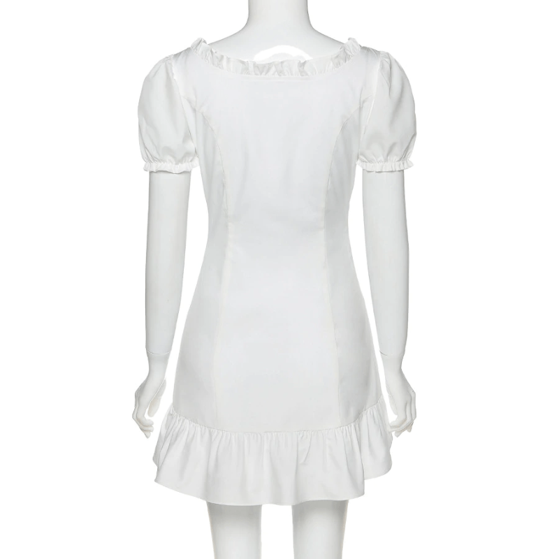 Lace Up Frilled White Mini Dress - Ghoul RIP