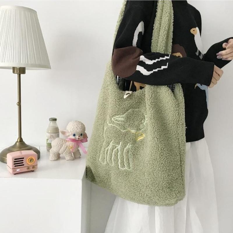 Lamb Embroidered Fuzzy Sherpa Tote Bag - Ghoul RIP