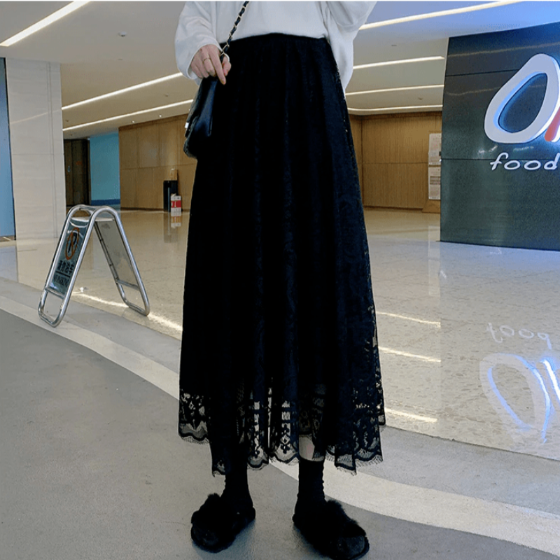 Layered Lace High Waist Maxi Skirt - Ghoul RIP