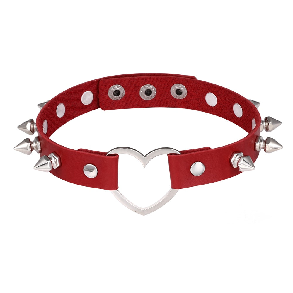 Leather Heart & Spikes Choker Necklace - Ghoul RIP