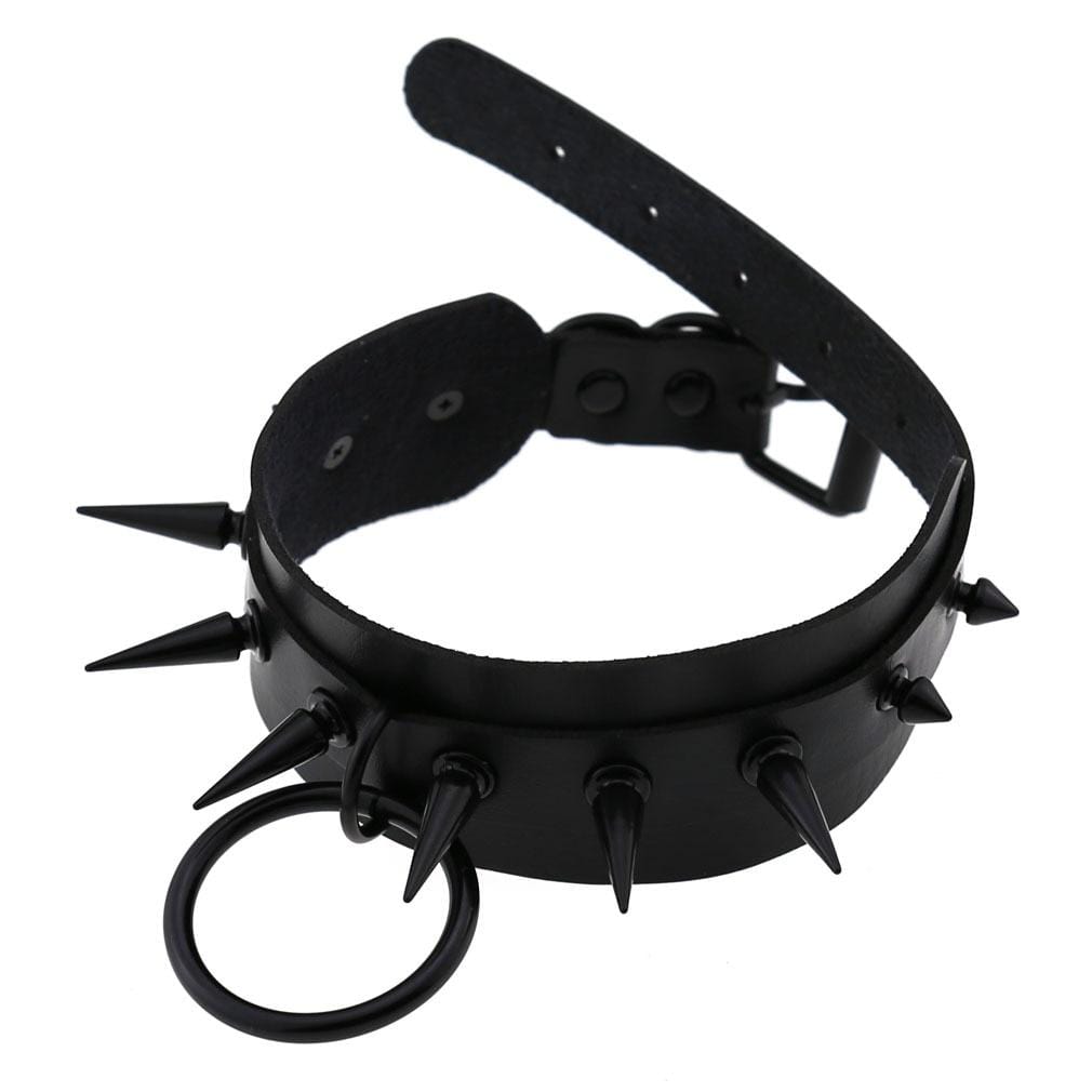 Leather Spiked Choker With O Ring - Ghoul RIP