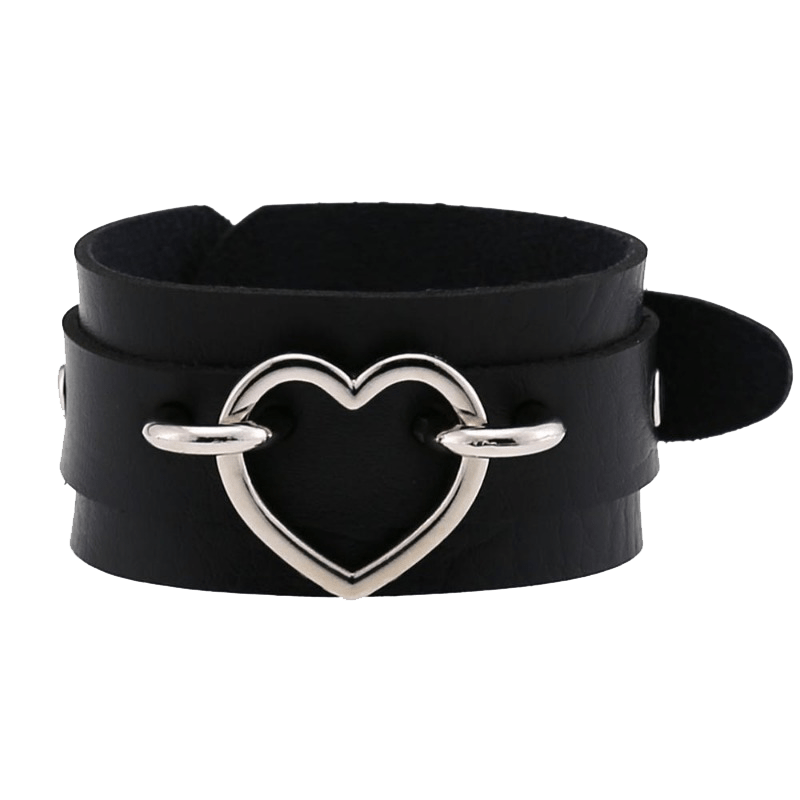 Leather Strap Bracelet With Silver Heart Design - Ghoul RIP