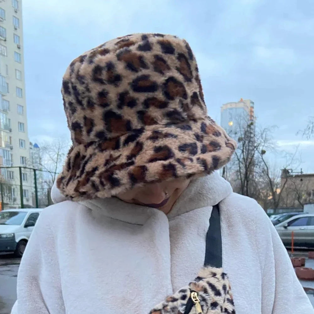 Leopard Print Fuzzy Bucket Hat - Ghoul RIP