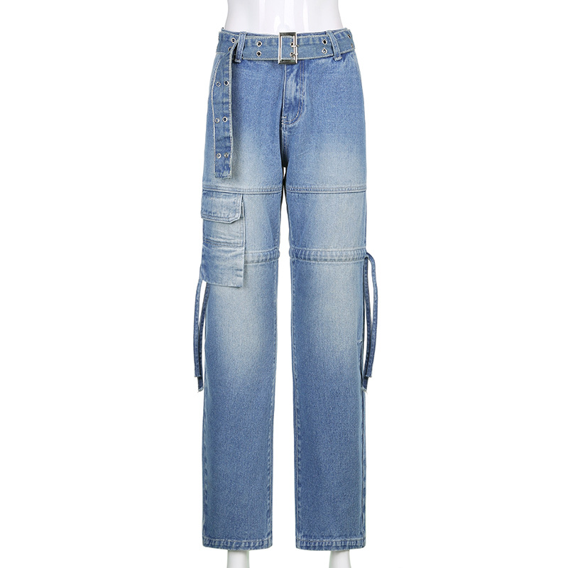 Light Wash Cargo Jeans With Belt & Cinchable Legs - Ghoul RIP