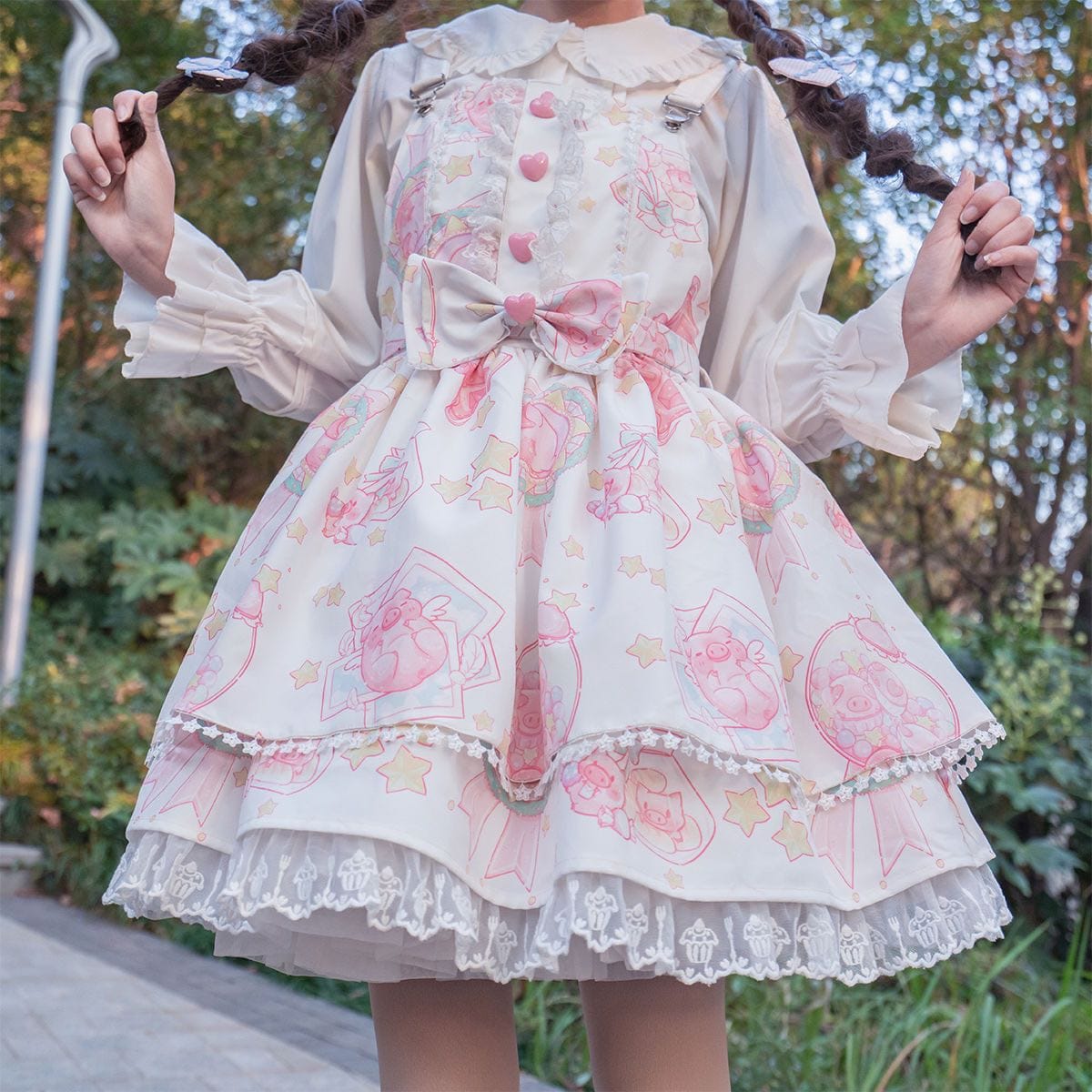 Lolita Apron Dress With Chibi Pig Design - Ghoul RIP