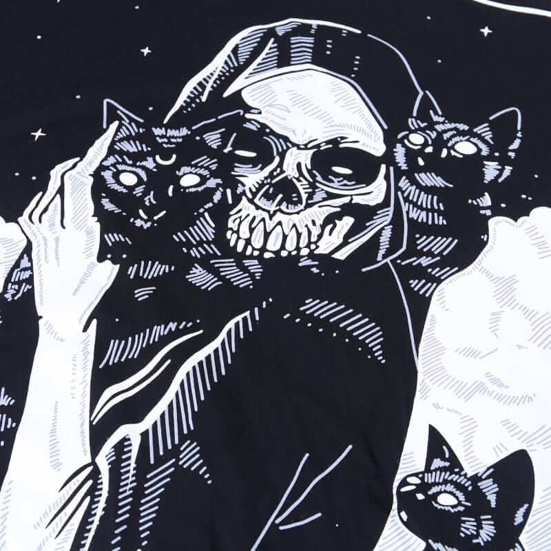 Longline Black Cat & Skull Graphic Tee - Ghoul RIP