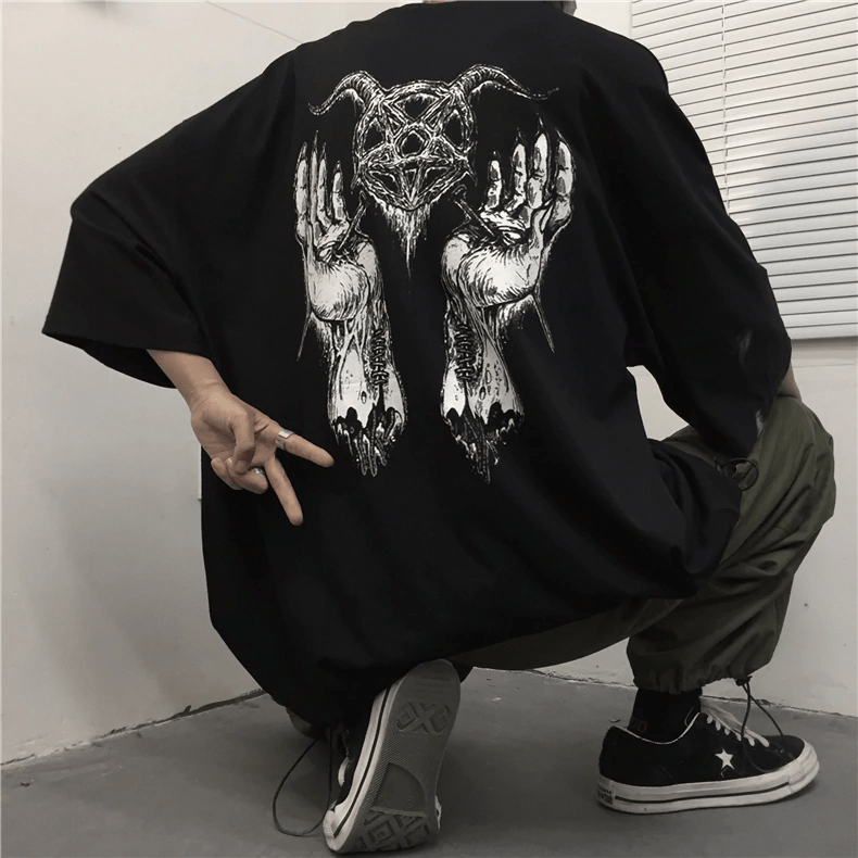 Metal Inspired Pentagram & Stigmata Graphic Tee - Ghoul RIP
