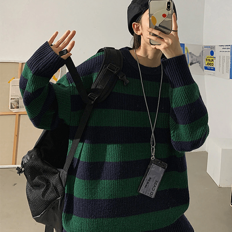 Navy Blue & Green Striped Knit Sweater - Ghoul RIP