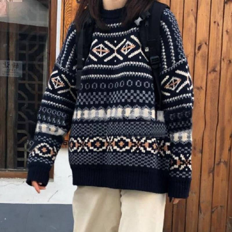 Navy Blue Fair Isle Knit Sweater With Round Neck - Ghoul RIP