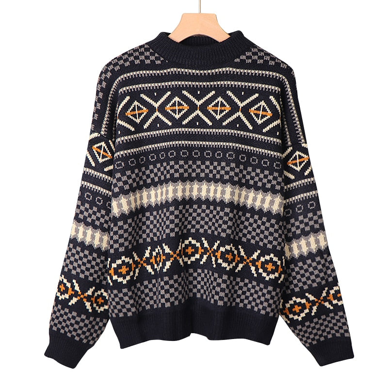 Navy Blue Fair Isle Knit Sweater With Round Neck - Ghoul RIP