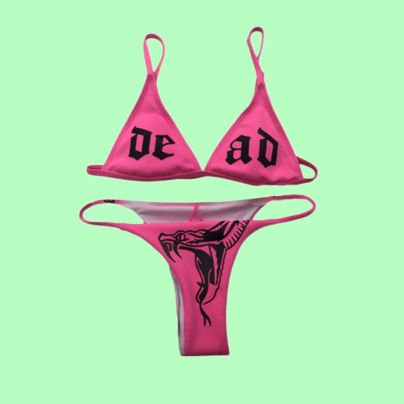Neon Color 'Dead' Snake Print Triangle Bikini - Ghoul RIP
