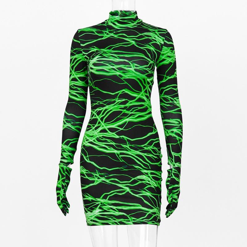 Neon Green Lightning Glove Sleeved Dress - Ghoul RIP