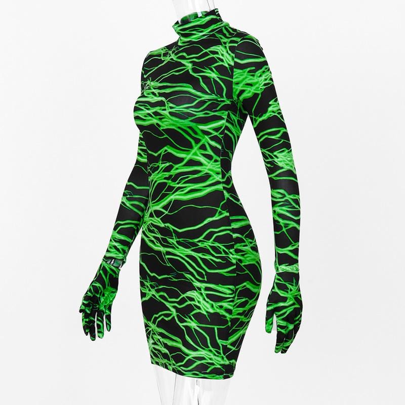 Neon Green Lightning Glove Sleeved Dress - Ghoul RIP