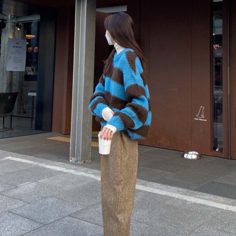 Oversized Contrast Striped Sweater - Ghoul RIP