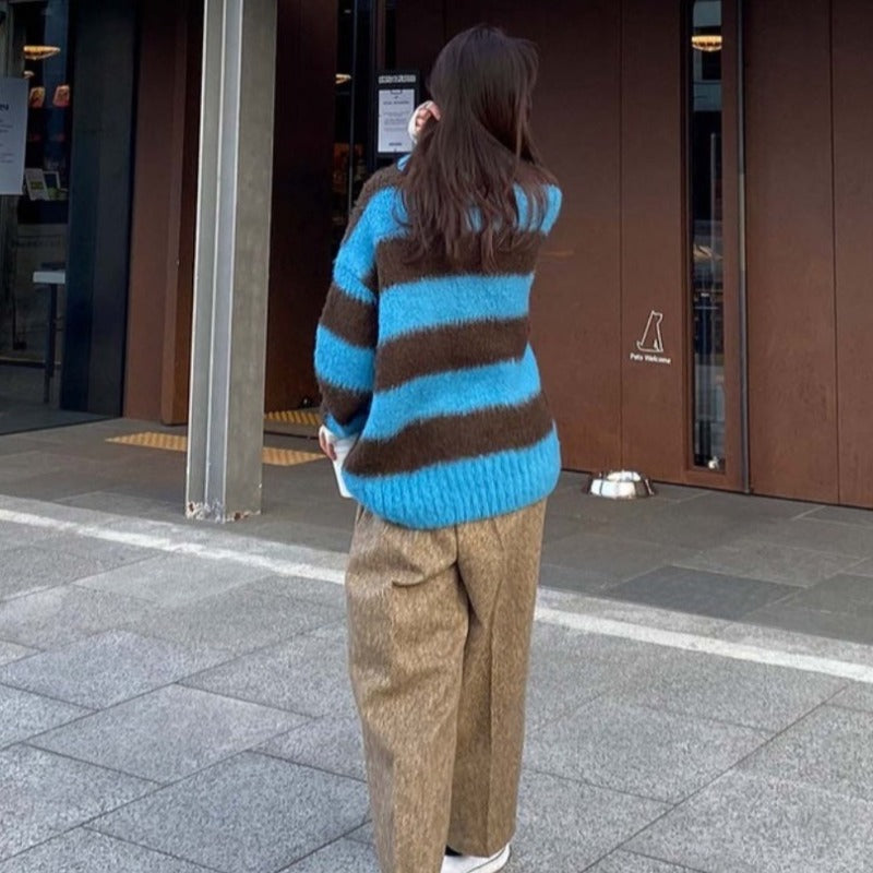 Oversized Contrast Striped Sweater - Ghoul RIP
