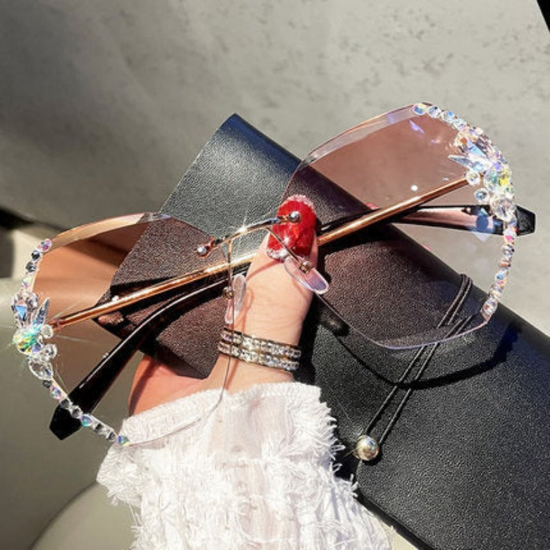Oversized Rimless Sunglasses With Rhinestone Accents - Ghoul RIP