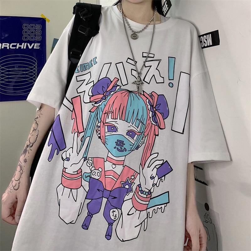Pastel Print Harajuku Anime Girl Graphic Tee - Ghoul RIP