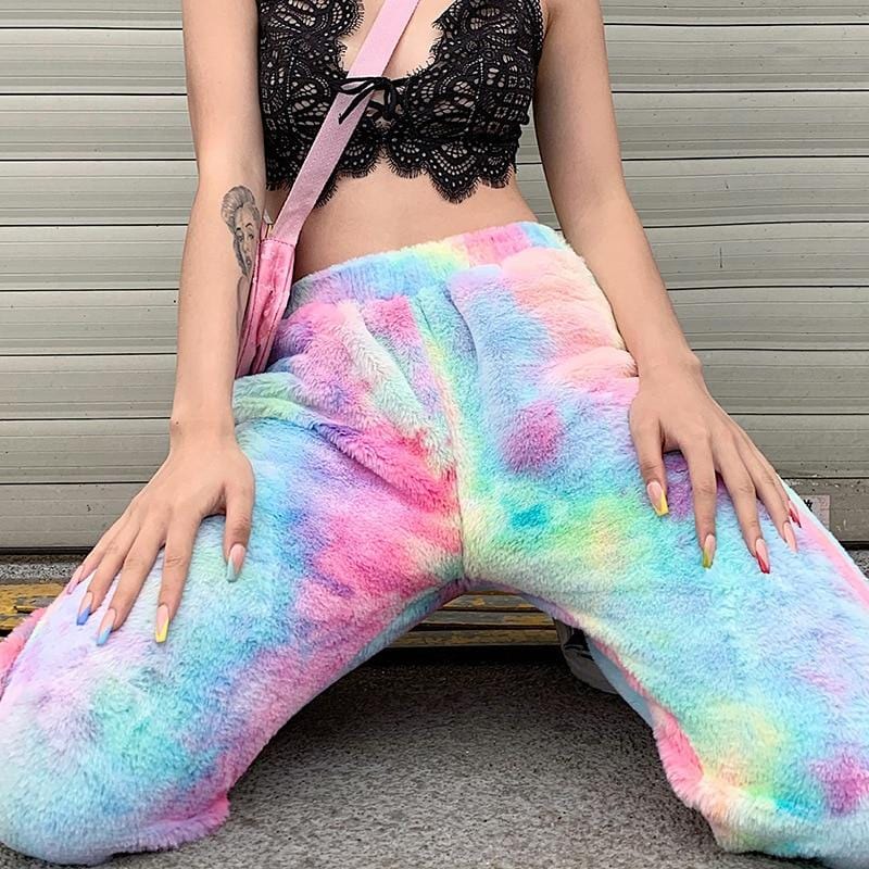 Pastel Rainbow Tie Dye Fuzzy Sweatpants - Ghoul RIP
